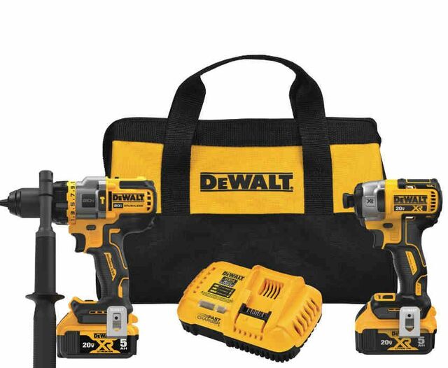 DeWalt cordless hammer drill and impact driver kit with two 20V 5Ah batteries, charger, and black-yellow carrying bag