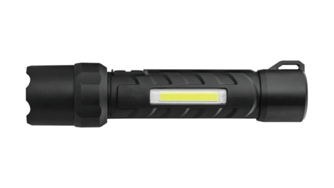 Compact black flashlight with 800 lumens output, side LED strip, textured grip, and rear loop for attachment