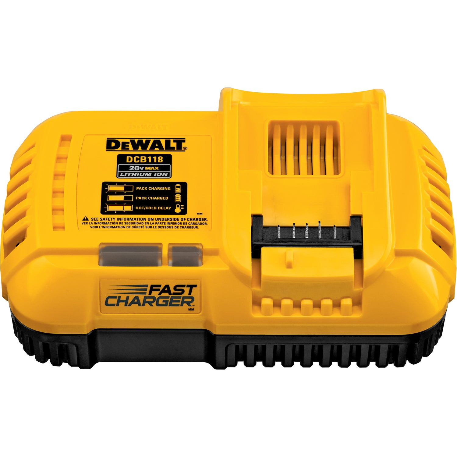 Yellow Dewalt fast charger for 20V and 60V Max lithium-ion batteries model DCB118 with ventilation slots and status indicators