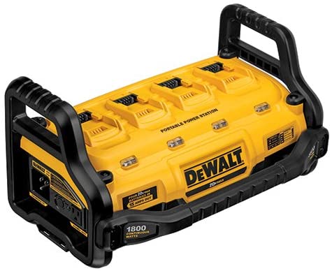 DeWalt 1800W portable power station with four battery slots, rugged handles, and durable yellow and black design