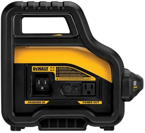 DeWalt 1800W portable power station with AC outlet, charger input, rugged handle, and compact design for job site use