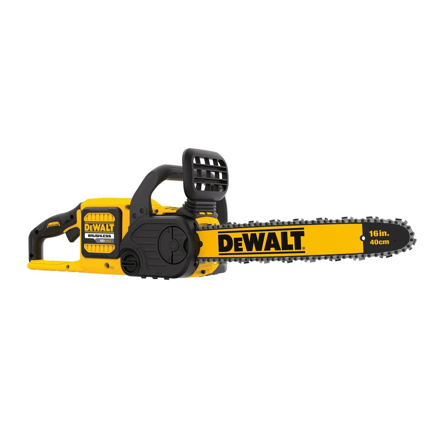 DeWALT 16-inch cordless chainsaw with 60V brushless motor, low-kickback chain, and ergonomic handle design