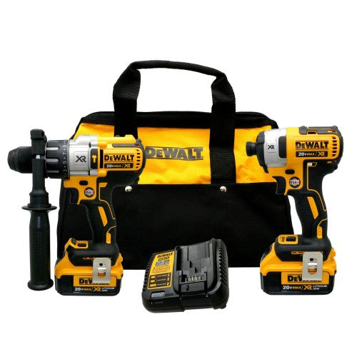 DeWalt 20V XR Hammer drill and 1/4 impact driver kit with two 4Ah batteries, charger, and black-yellow carrying bag