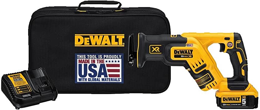 Cordless DEWALT 20V MAX XR compact reciprocating saw kit with charger, 5Ah battery, and carrying case