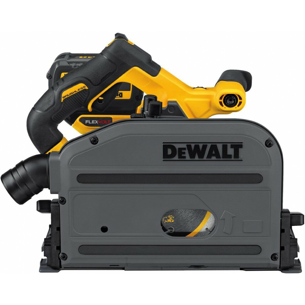 DeWalt 6-1/2 inch FlexVolt track saw with ergonomic plunge mechanism and dust extraction port for hardwood cutting.