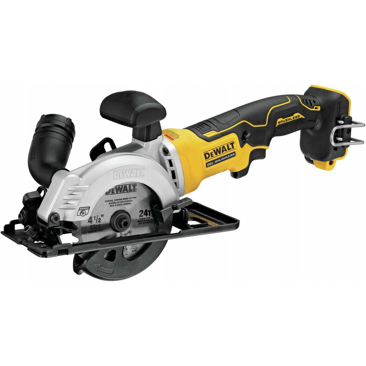 Cordless 4-1/2 inch circular saw kit with integrated blade wrench storage, ergonomic trigger, and compact gear housing design