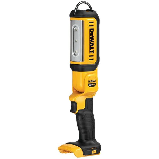 20V DEWALT cordless work light with three LED bulbs, 140° pivoting head, and dual brightness settings for extended use