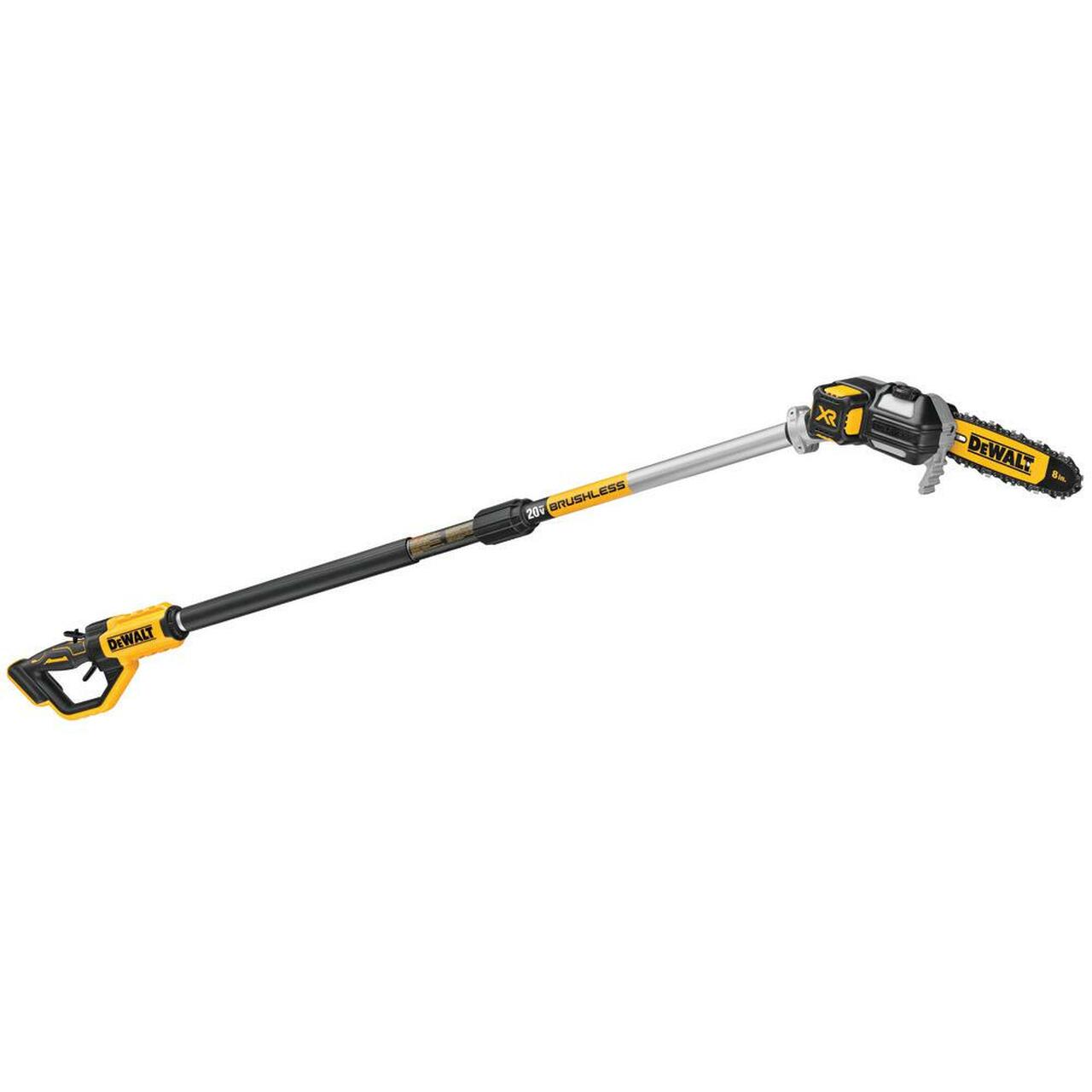 Cordless DEWALT 20V MAX XR pole saw with brushless motor, 8-inch guide bar, and extendable shaft for pruning tasks