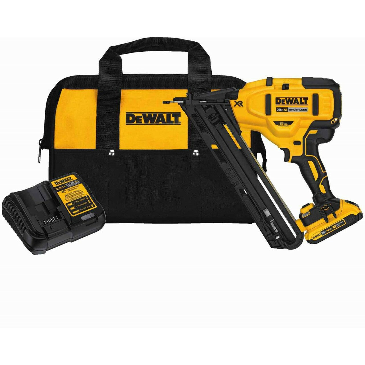 DeWalt cordless angled nailer kit with battery charger and durable black and yellow carrying bag for easy transport