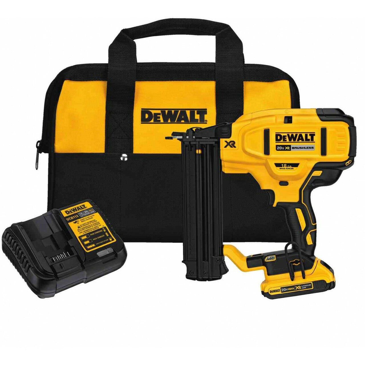 Cordless 18GA finish nailer kit with 20V 2AH battery, charger, and black and yellow carrying bag