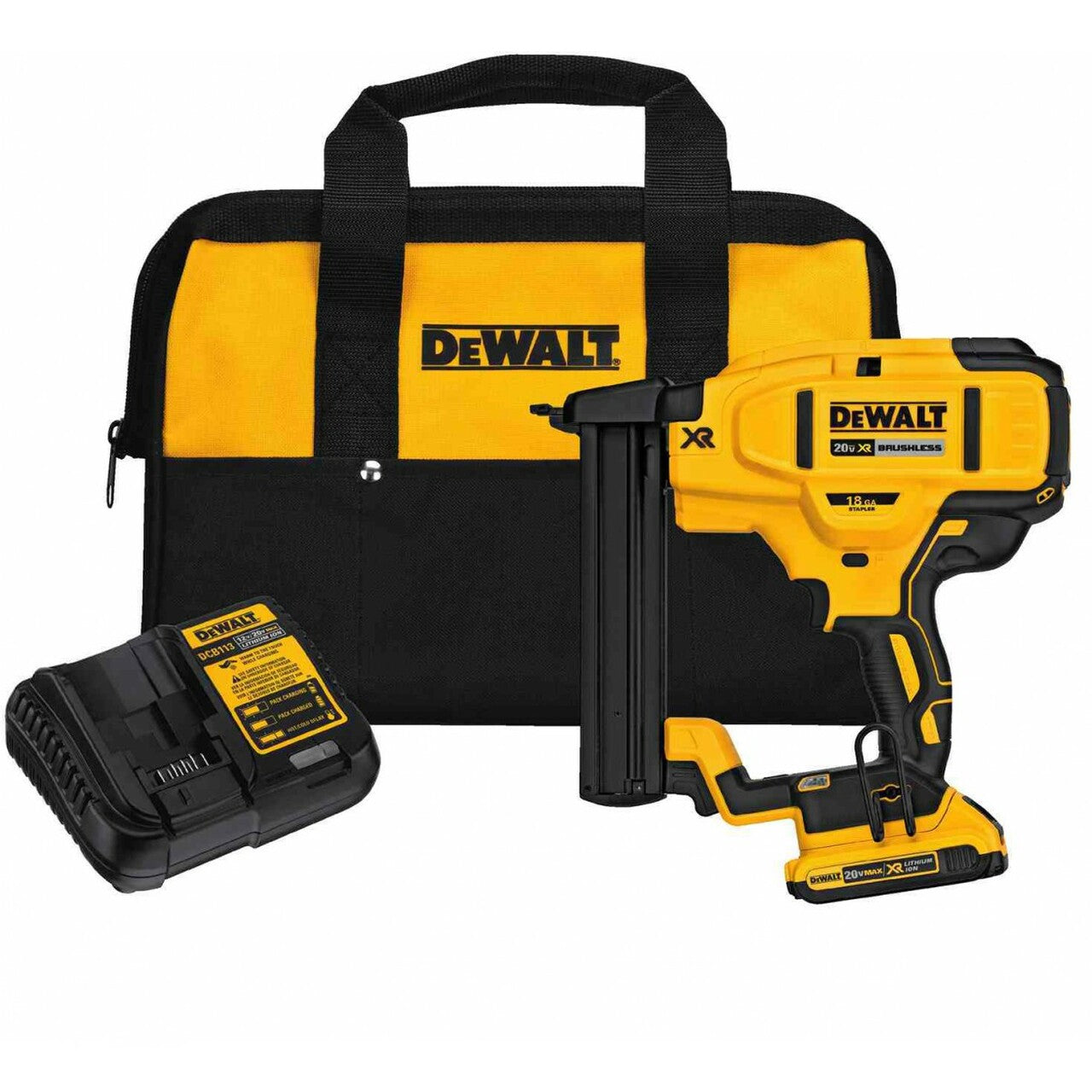 DeWalt 18 gauge cordless narrow crown stapler with 20V 2Ah battery, charger, and branded carrying bag
