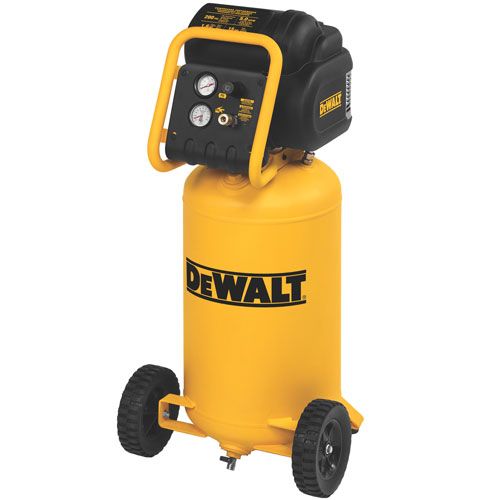 15-gallon vertical DeWalt air compressor with 1.6HP motor, dual handles, storage tank, drain valve, and wheels