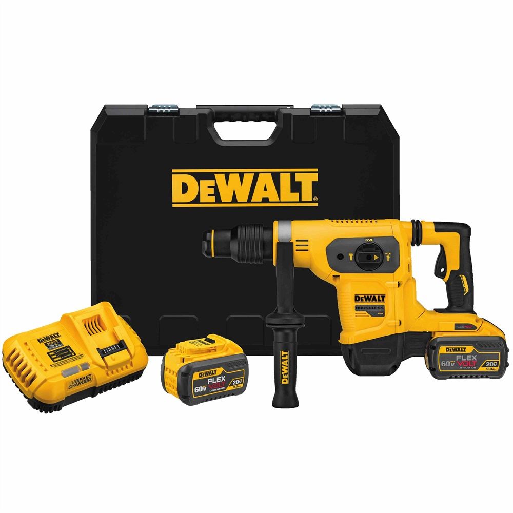 DeWalt cordless rotary hammer drill kit with 9Ah battery, charger, side handle, and carrying case in yellow and black