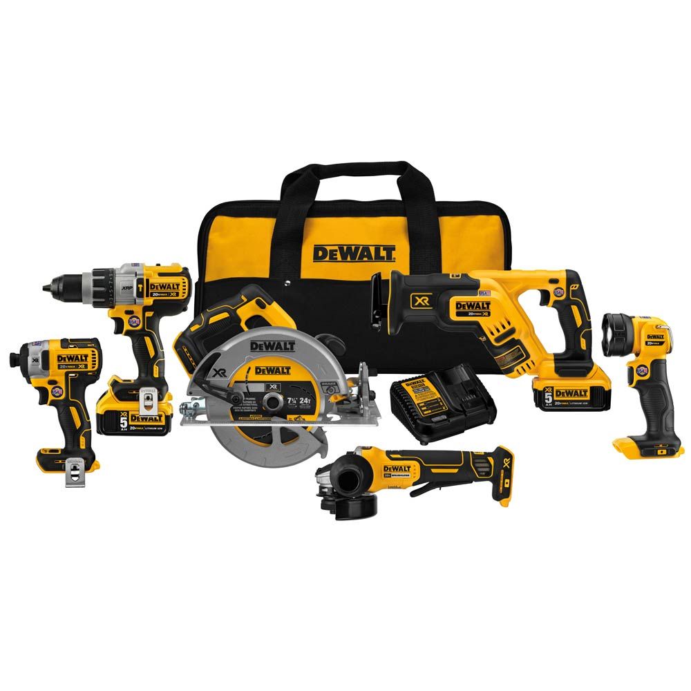 DeWalt 6-piece 20V XR cordless tool kit with drill, impact driver, circular saw, reciprocating saw, grinder, flashlight, charger, and carrying bag