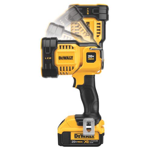 Yellow and black DEWALT 20V max cordless spotlight with adjustable head and ergonomic rubber grip handle