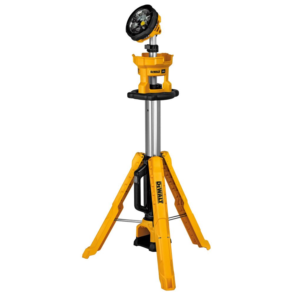 Cordless DEWALT 20V Max work light on adjustable tripod stand with durable yellow construction for tough job sites