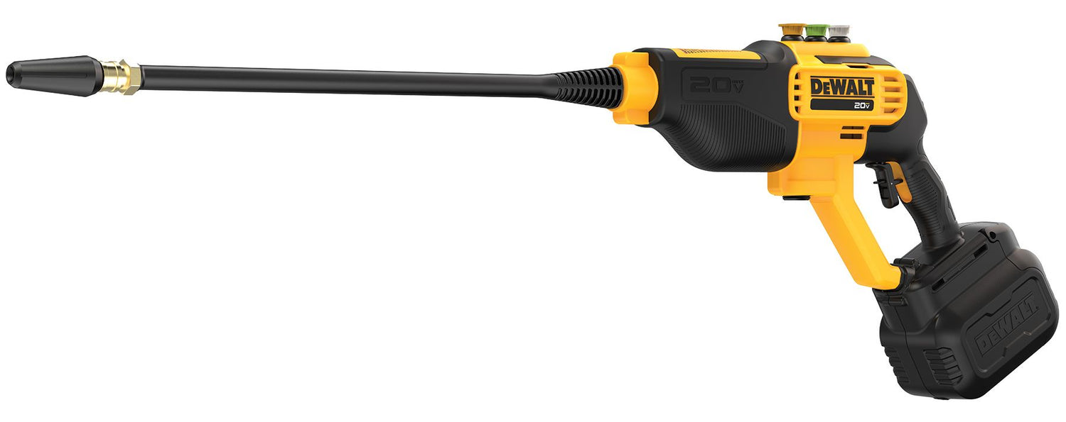 Cordless DEWALT 20V MAX pressure washer with compact design and long nozzle for powerful cleaning tasks