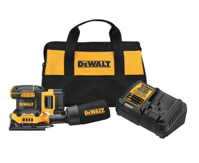 Cordless variable speed 20V sander kit with 5.0Ah battery, charger, and black-yellow carrying bag