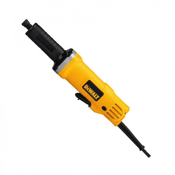 Yellow DEWALT die grinder with ergonomic grip, powerful motor, paddle switch, and locking button for precision grinding tasks
