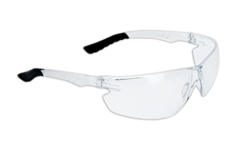 Clear safety glasses with anti-fog, scratch-resistant lenses and black rubberized temple grips, CSA and ANSI certified