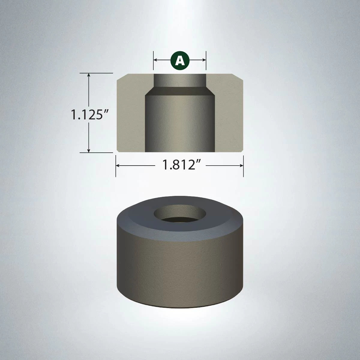 Cylindrical die with 1.125 inch height and 1.812 inch diameter, Cleveland Punch & Die F55 model