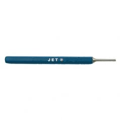 High-carbon steel pin punch with anti-rust coated hexagonal shaft and continuously sharpened cutting edge, blue handle