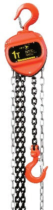 1-ton orange chain hoist with triple gear mechanism, sealed bearings, and double pawl Weston style brake system