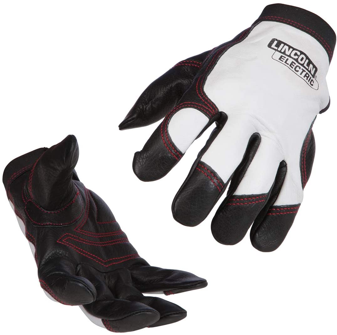 High-quality split cowhide leather welding gloves with black and white design and red stitching for steel fabrication tasks