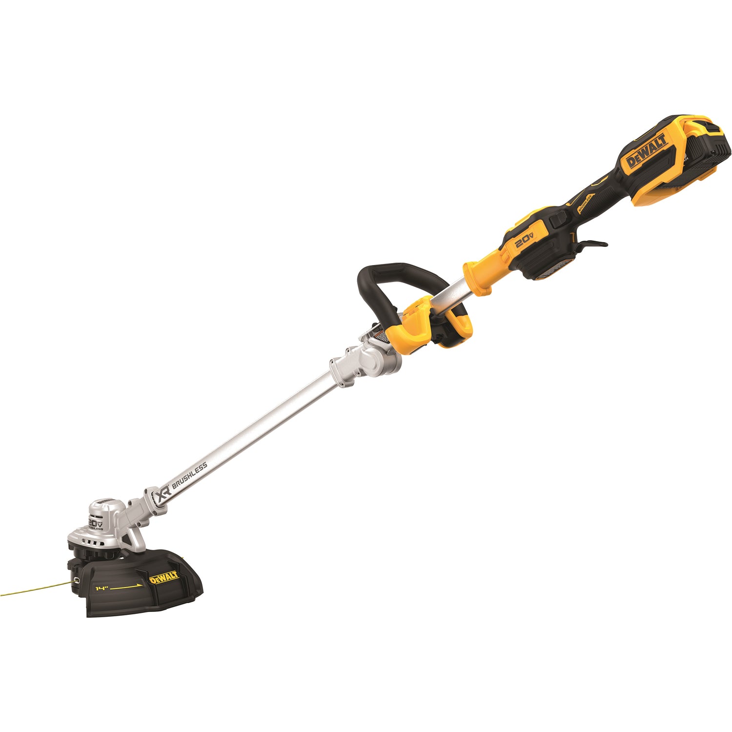DeWalt 20V cordless string trimmer with 14-inch cutting swath, foldable hinge for compact storage and transport