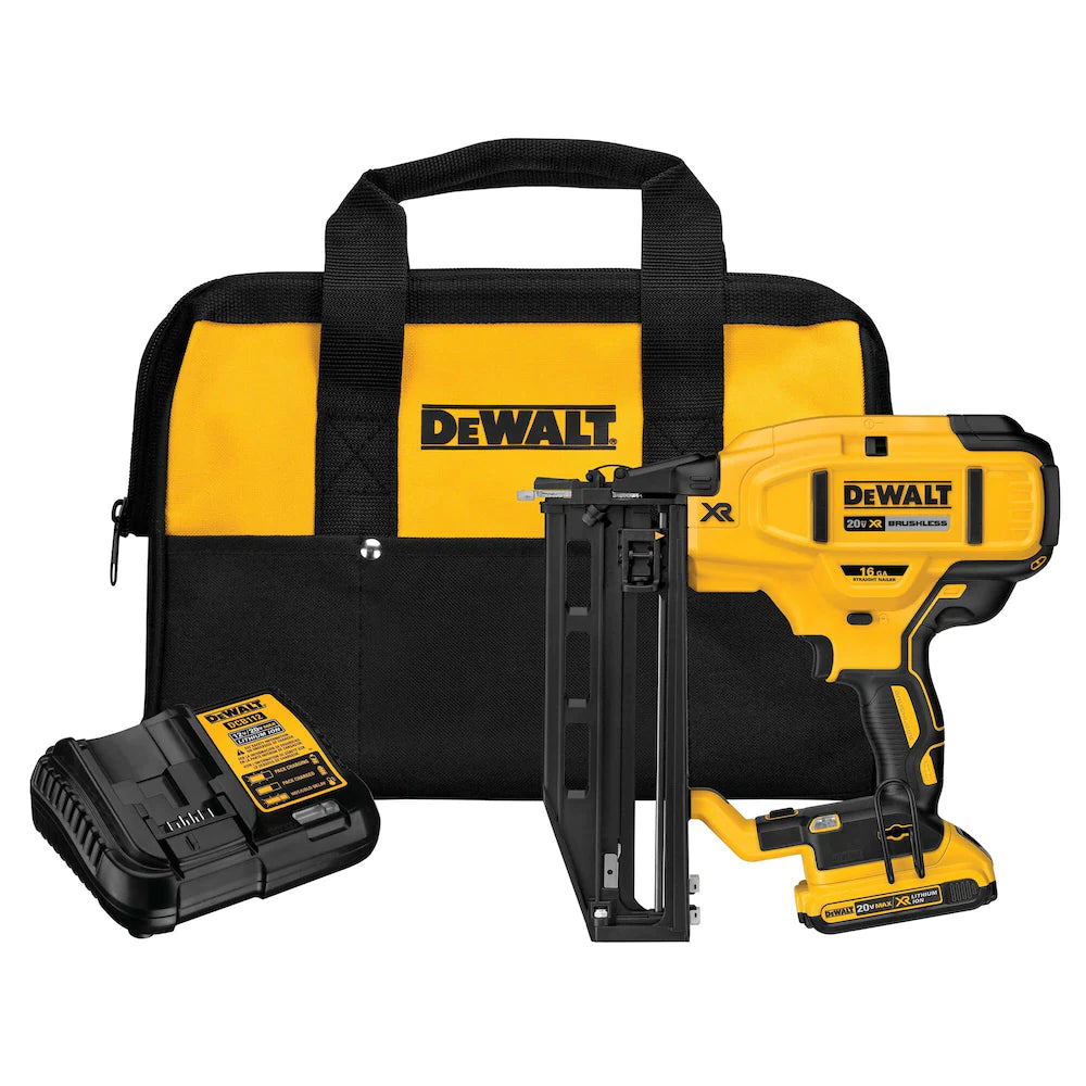 Cordless 16GA finish nailer kit with 20V battery, charger, and durable yellow black carrying bag