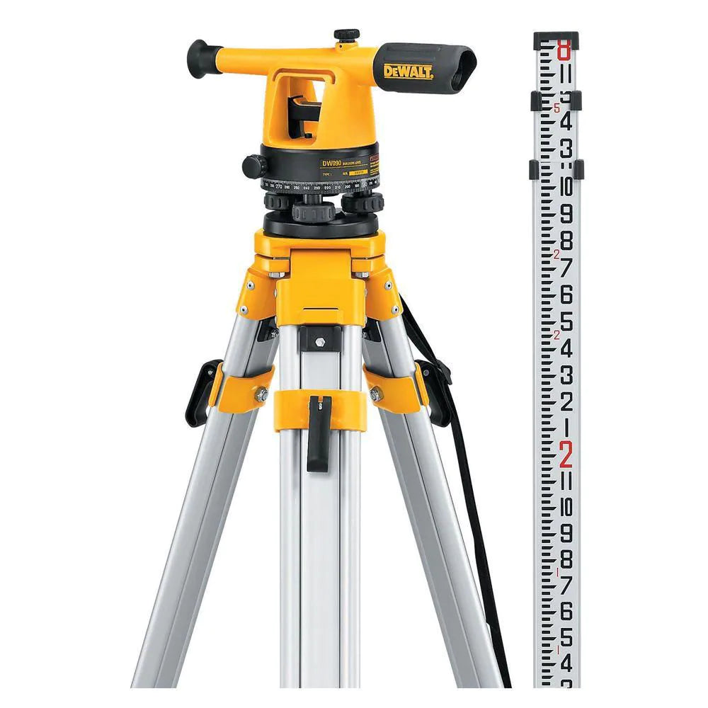 Professional leveling instrument with 20x magnification and sturdy tripod, paired with a measuring rod for 60m range