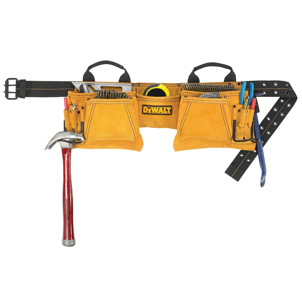 Leather carpenter tool belt with 12 pockets, dual buckle waist strap, and loops for hammer and tools storage