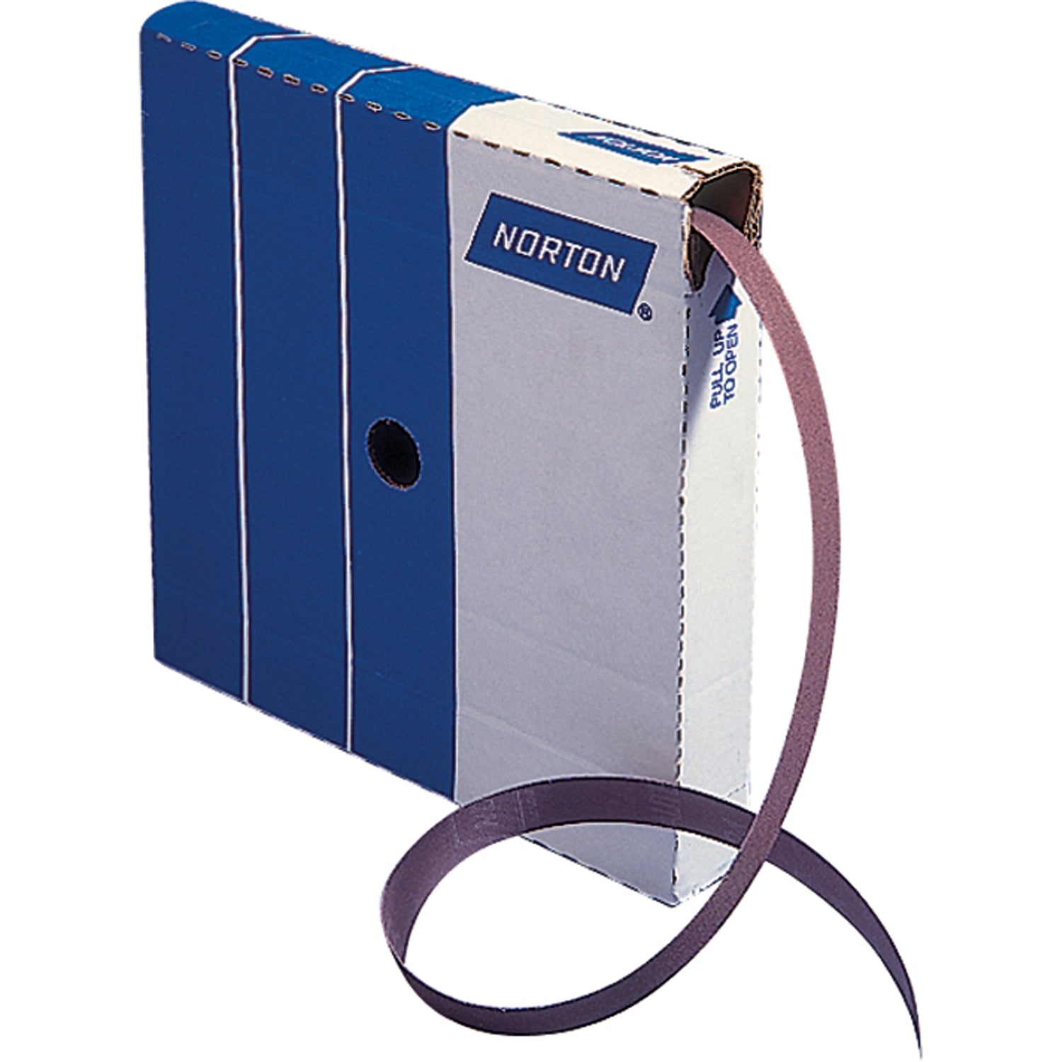 Norton abrasive sanding belt roll in blue and white box with 2-inch width for industrial grinding tasks