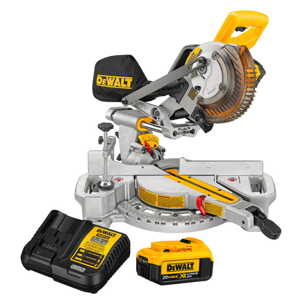 18.4cm 20V MAX sliding compound miter saw with battery, charger, precision cutting base, and yellow handle