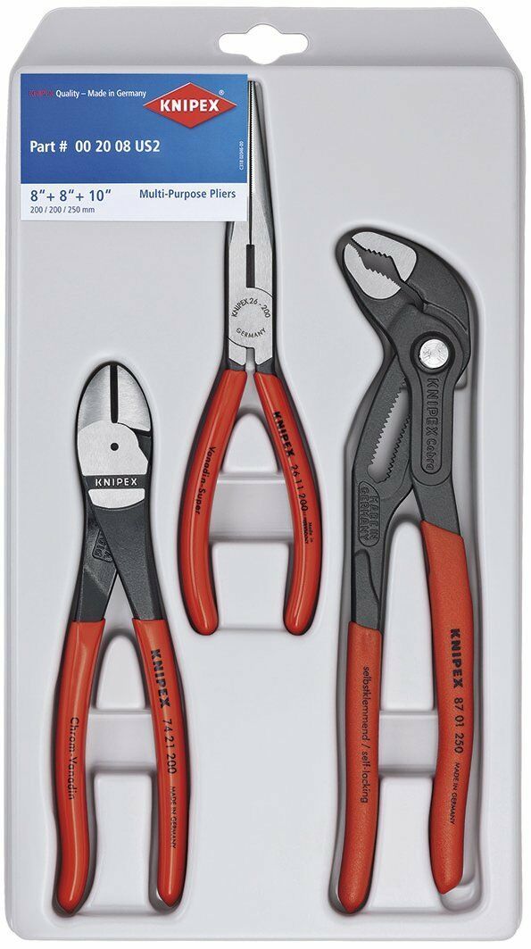 Set of 3 KNIPEX pliers with self-locking anti-slip protection, chrome vanadium steel, and dipped red handles in plastic tray