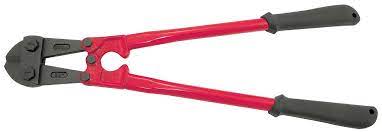 Heavy-duty bolt cutter with red handles and black cutter head, designed for cutting bolts, rods, and chains.