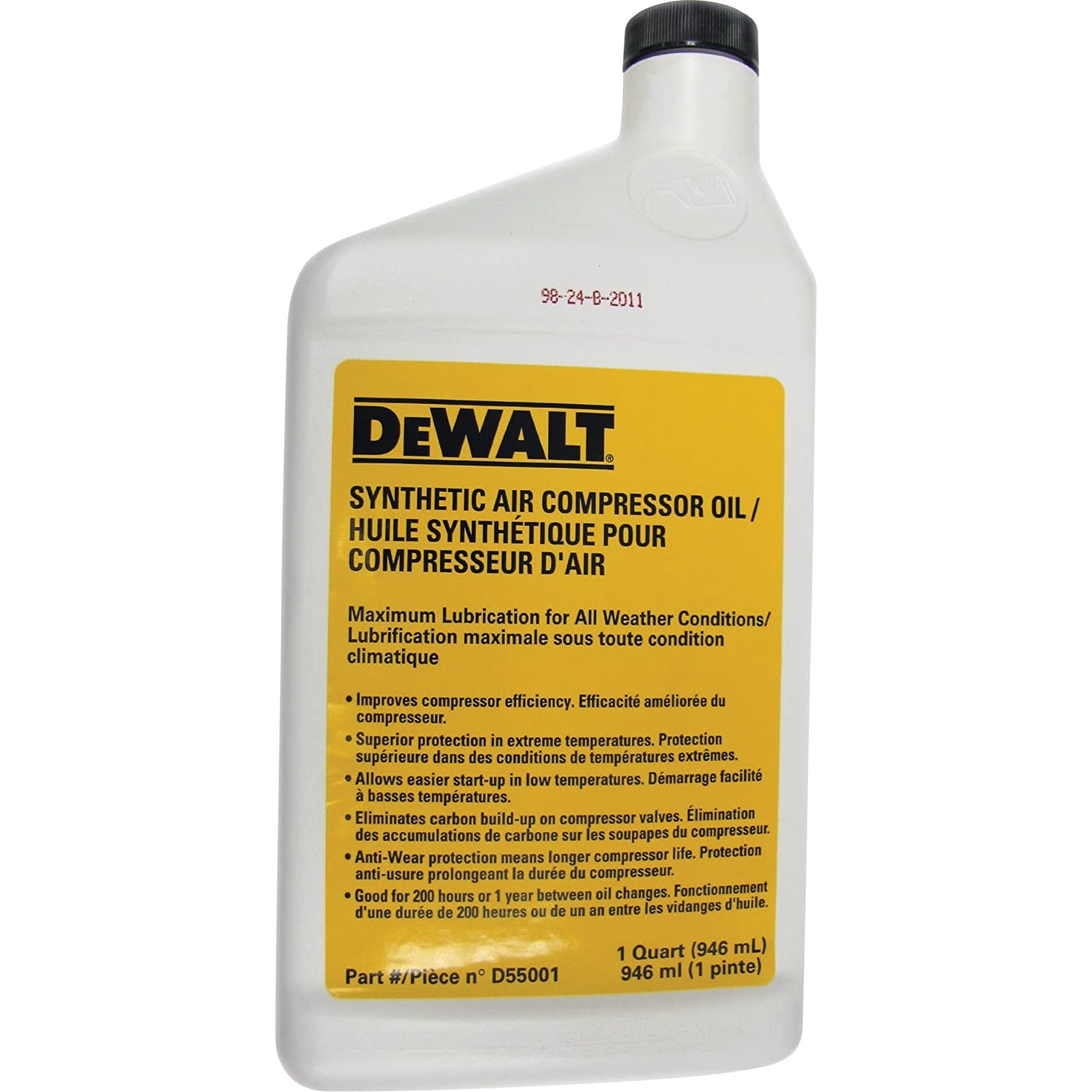 1-liter bottle of DEWALT synthetic air compressor oil for enhanced pump protection and improved efficiency in all conditions