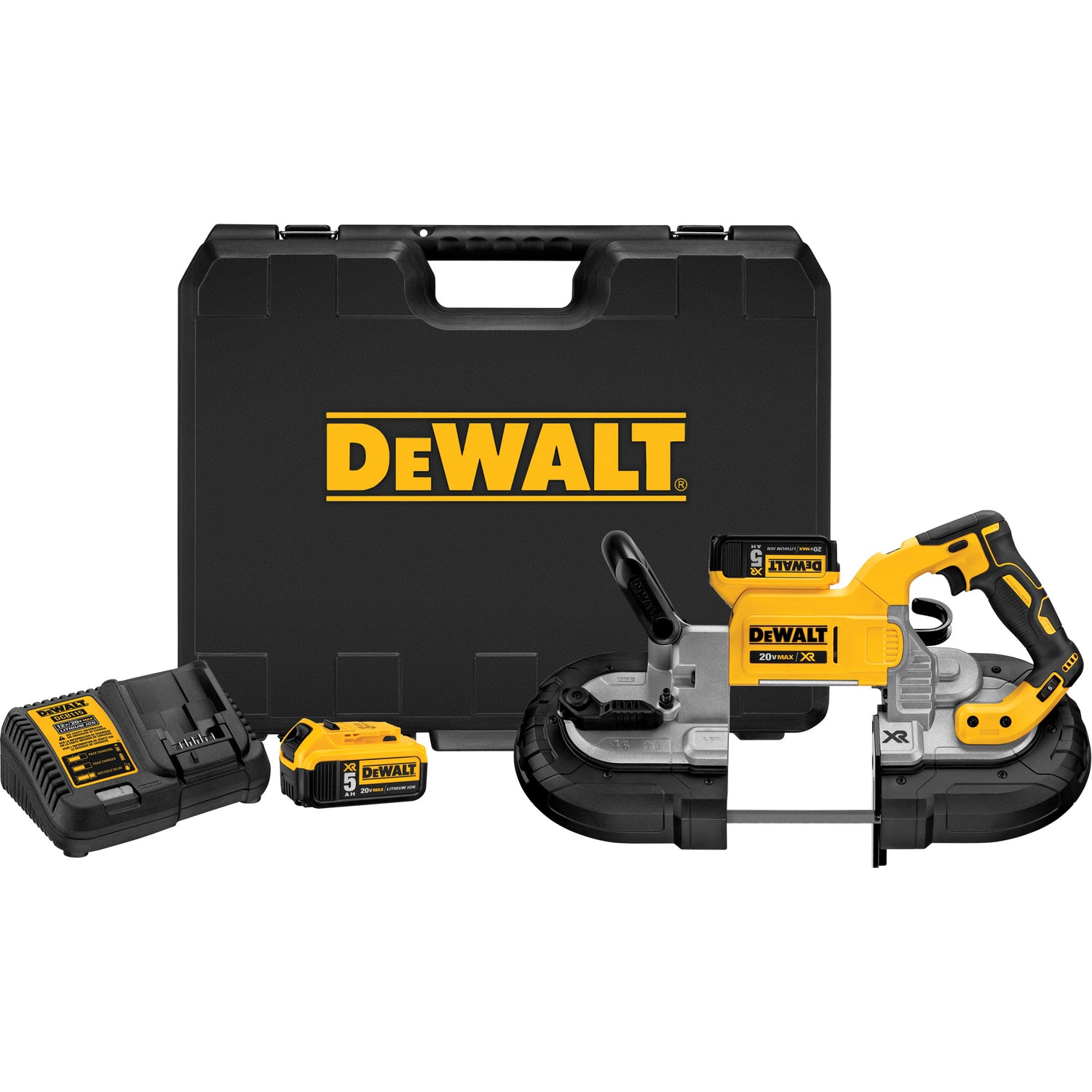 20V MAX brushless cordless band saw kit with two 5Ah batteries, charger, and black hard carrying case