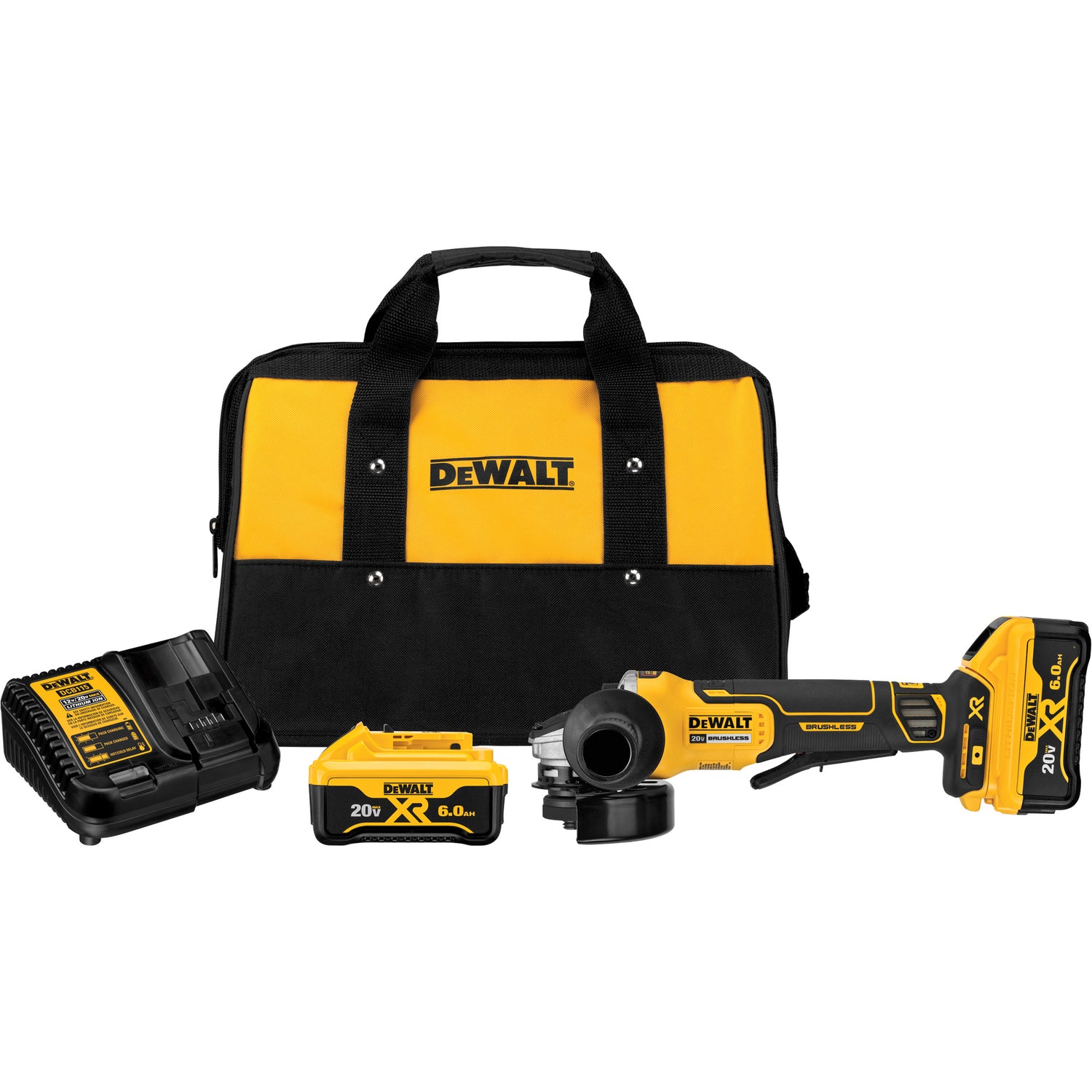 Cordless 4-1/2 inch brushless angle grinder kit with two 20V 6Ah batteries, charger, and yellow-black carrying bag
