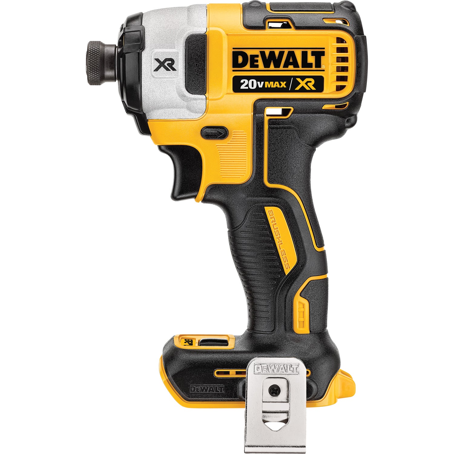 Compact DeWalt 20V MAX XR brushless 1/4 inch cordless impact driver with ergonomic grip and metal belt clip