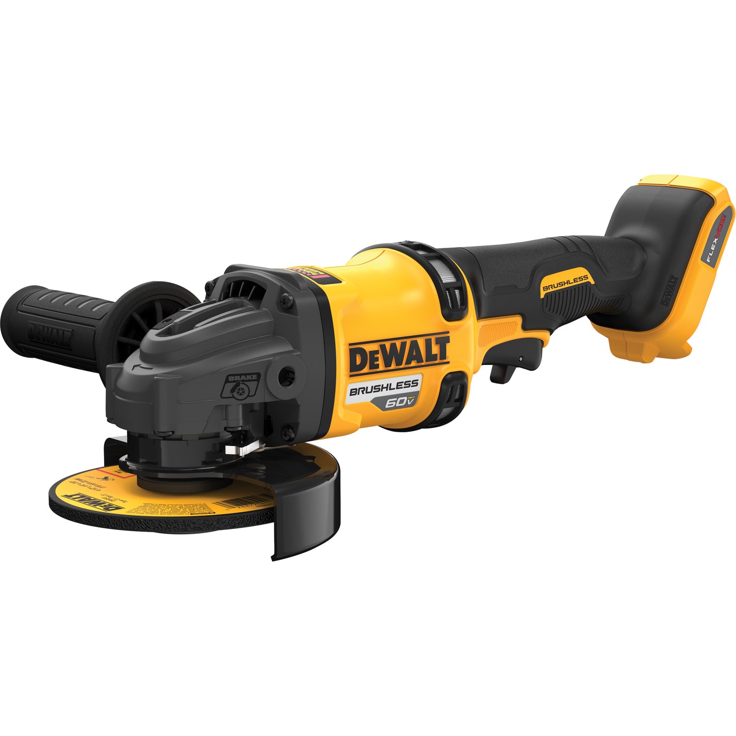 DeWalt FLEXVOLT 60V MAX cordless 4-1/2 to 6 inch brushless grinder with side handle and protective guard