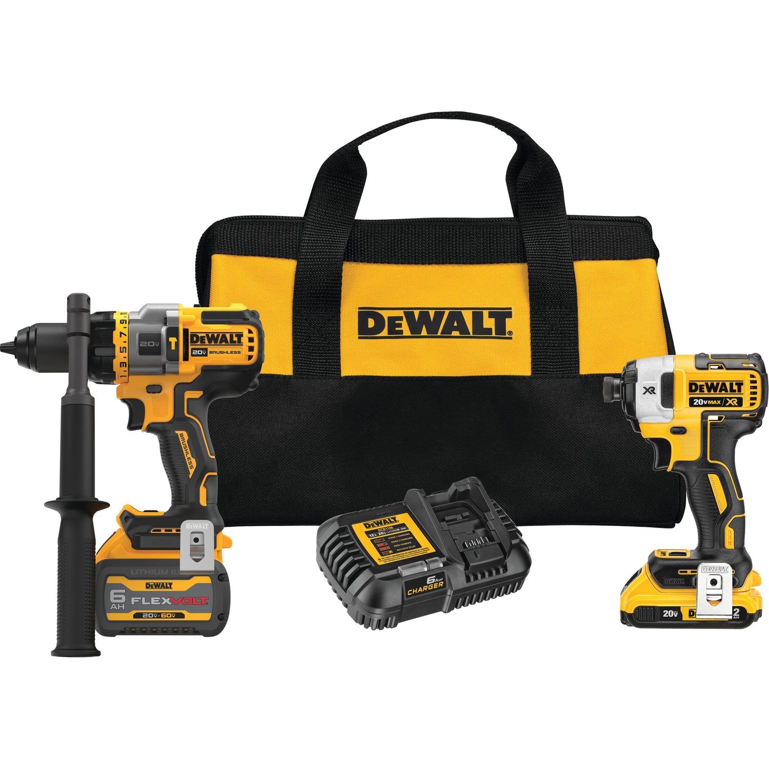 DeWalt cordless hammer drill and impact driver kit with two batteries, charger, and branded carrying bag