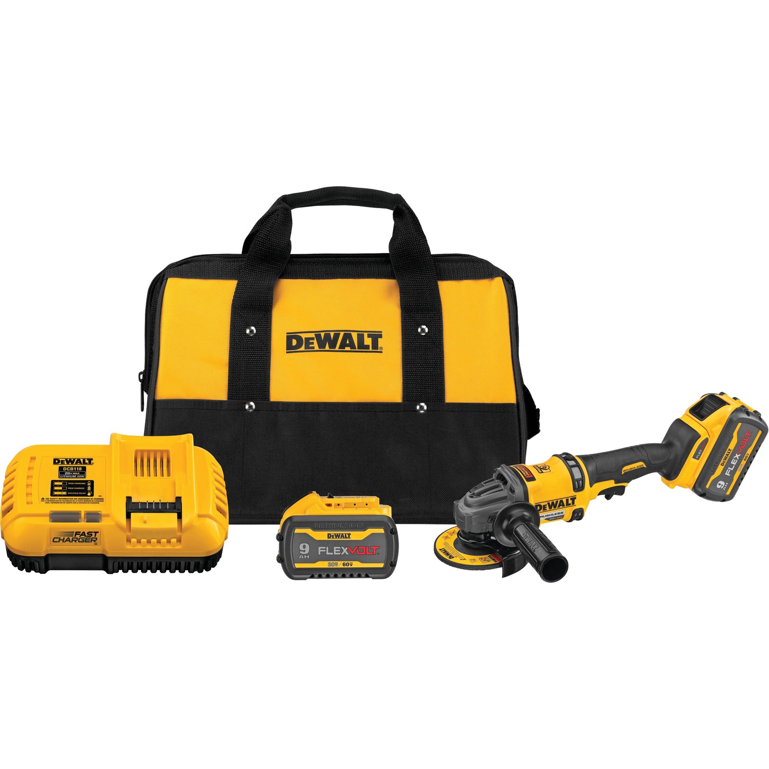 DeWalt cordless FLEXVOLT grinder kit with 2x 60V 9Ah batteries, charger, and yellow black tool bag