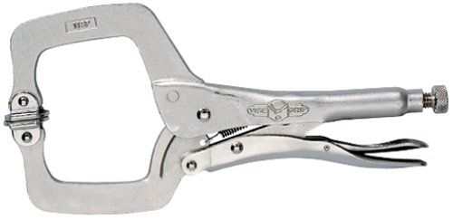 Large opening locking clamp with pivoting pads designed for gripping irregular and delicate materials without surface damage