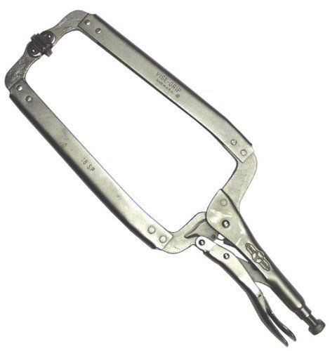 Large open-jaw locking vise-grip clamp with adjustable swivel pads for gripping irregular or delicate materials