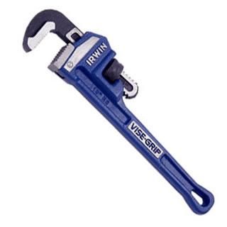 10-inch Irwin pipe wrench with heat-treated forged cast iron body, hardened teeth, and easy-adjust knurled nut