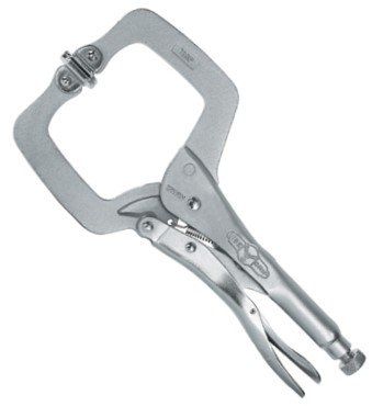 Large opening C-clamp locking pliers with swivel pads for gripping irregular or delicate materials without damage