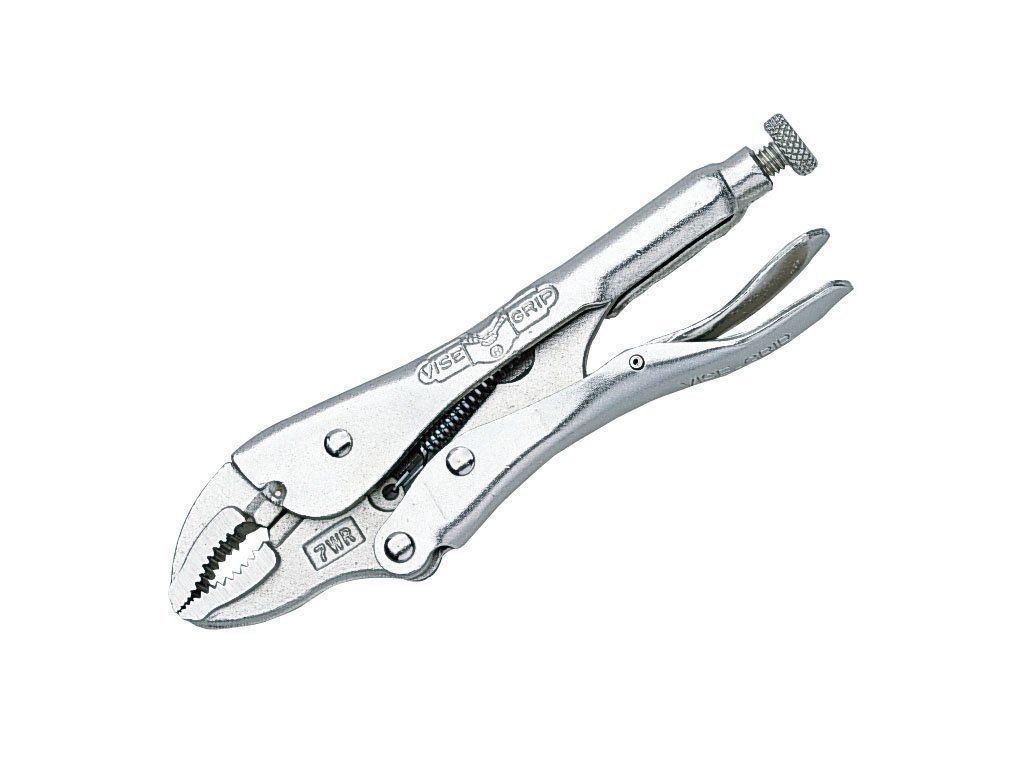 7WR locking pliers with curved jaws and wire cutter, steel alloy construction, and classic release lever design