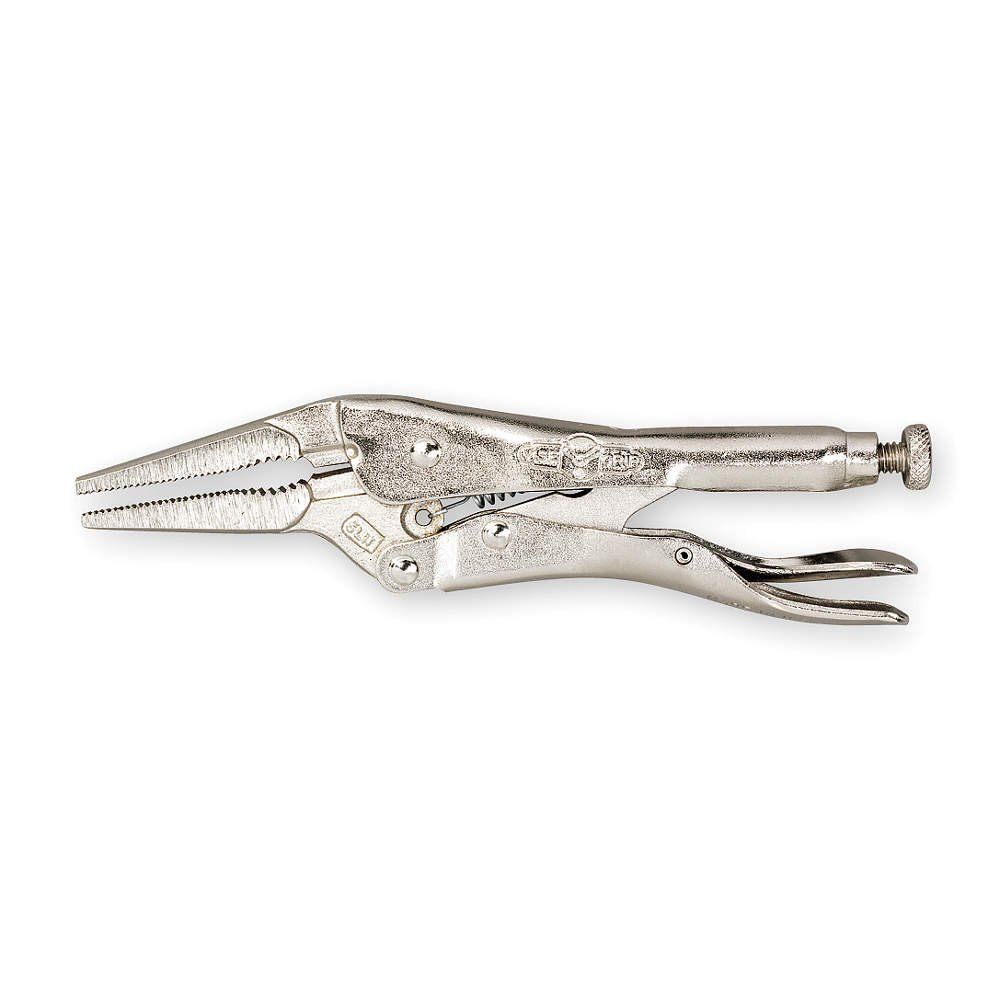 Long nose locking pliers with straight jaws, wire cutter, and adjustable screw for precise gripping and clamping in tight spaces